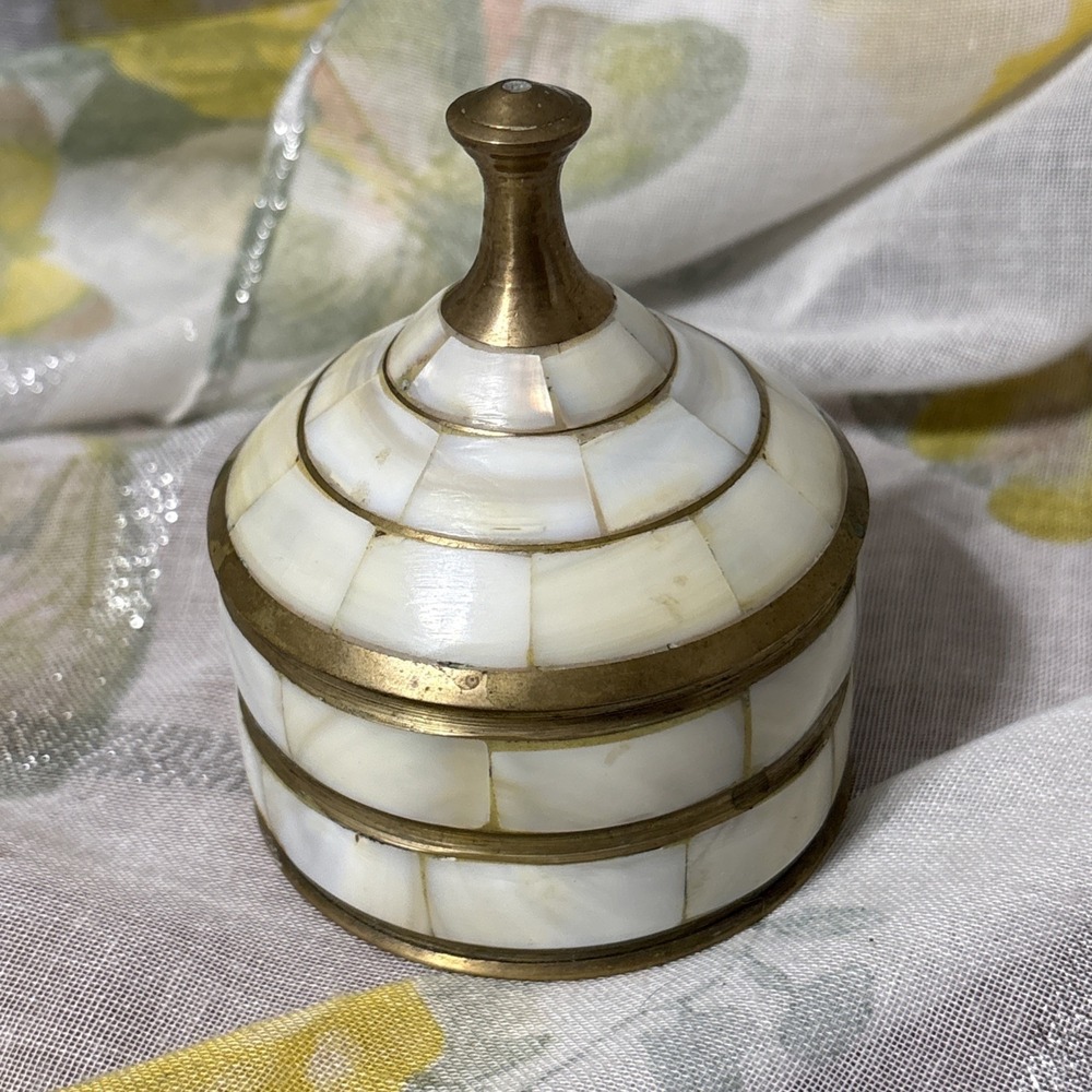 Mother Of Pearl  & Gold Metal Cylindrical Jar With  Lid